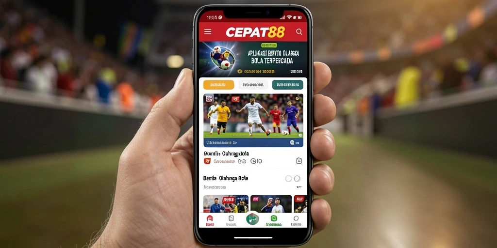 Antarmuka pengguna utama aplikasi CEPAT88 dengan berita olahraga bola.